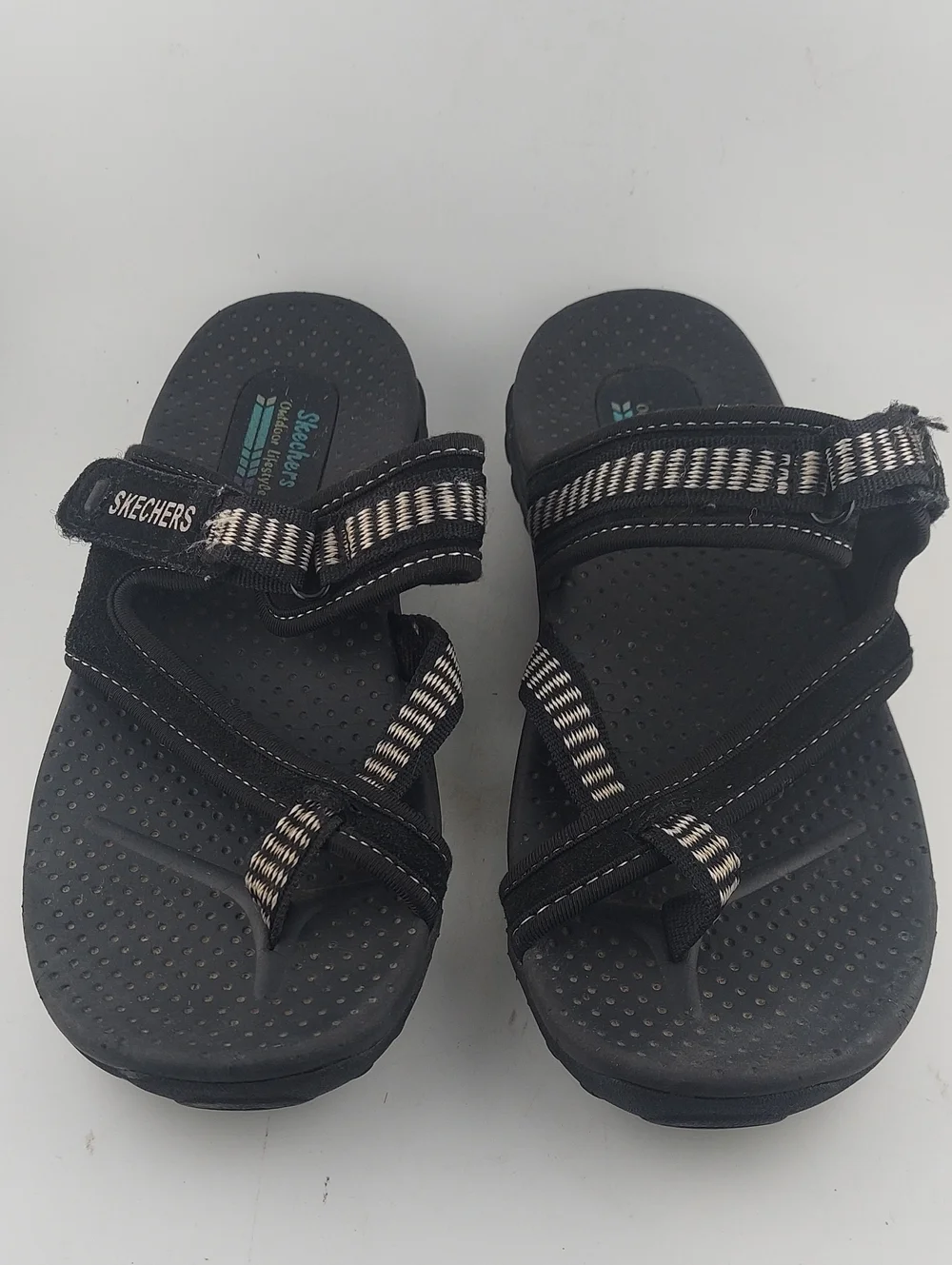 Skechers Womans Black Sandals with White-Striped Webbing